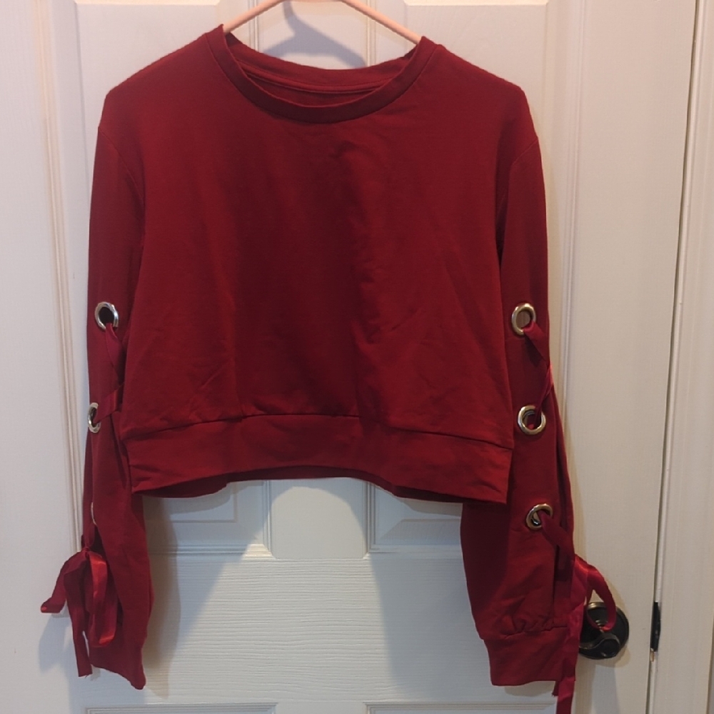 Red Women's Top with Grommet Sleeve Detail